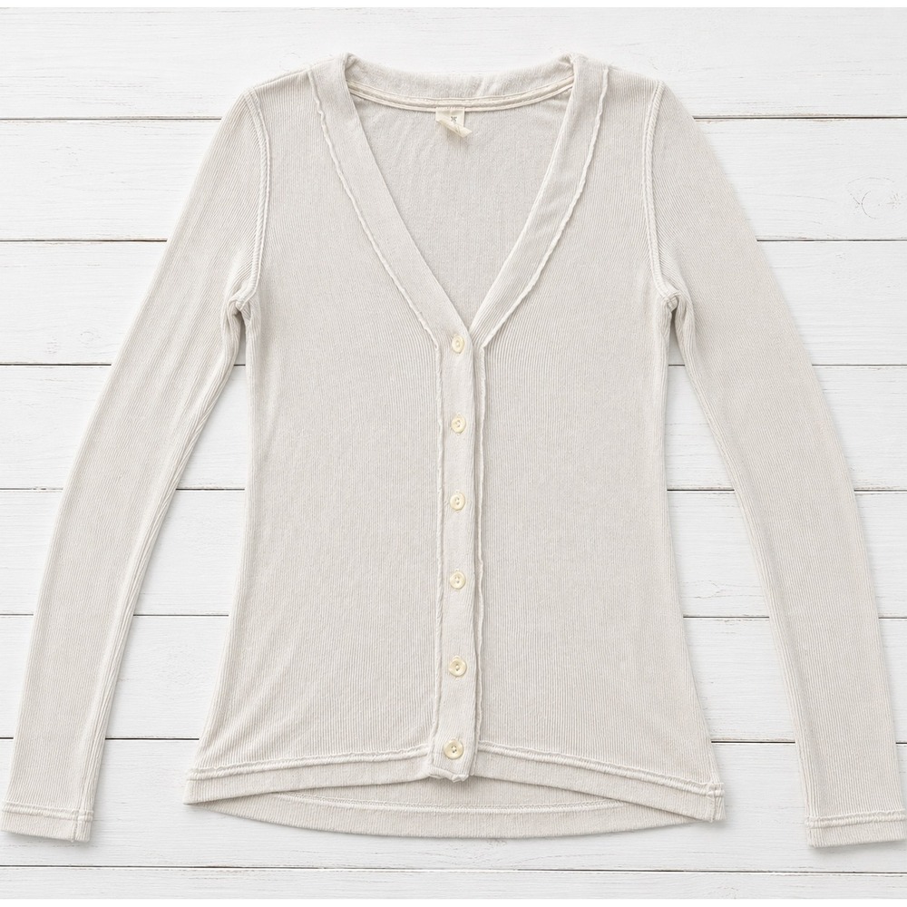 We The Free Cardigan Ribbed Knit V-Neck Button Down Cream Boho Large 4281